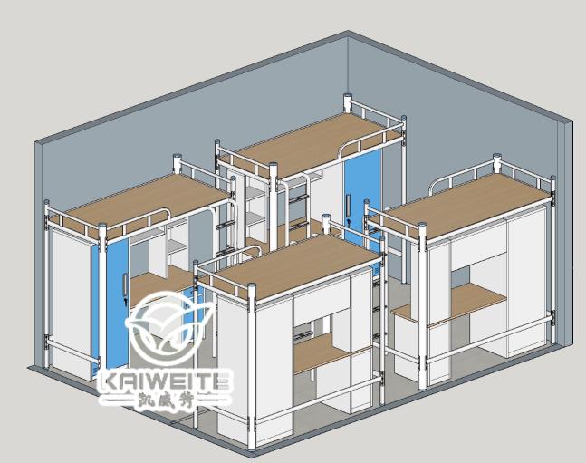 凯威特宿舍家具3D效果图案例 凯威特宿舍家具有最专业的设计,最成熟的生产经验及最完善的生产设备,可以满足客户的不同服务需求,可以帮客户节省材料,降低工艺难度,从而达到给每一位与凯威特合作的客户降至30%至40%的成本,给客户性价比最高的学生公寓床。超过300家企业单位学生公寓床定做经验,引领在宿舍家具行业前端。